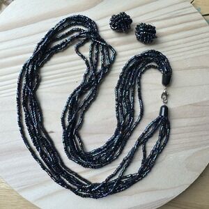 VTG Boho Necklace 30 Inch w Earrings Set Blue Iridescent Multi Strand Glass Bead